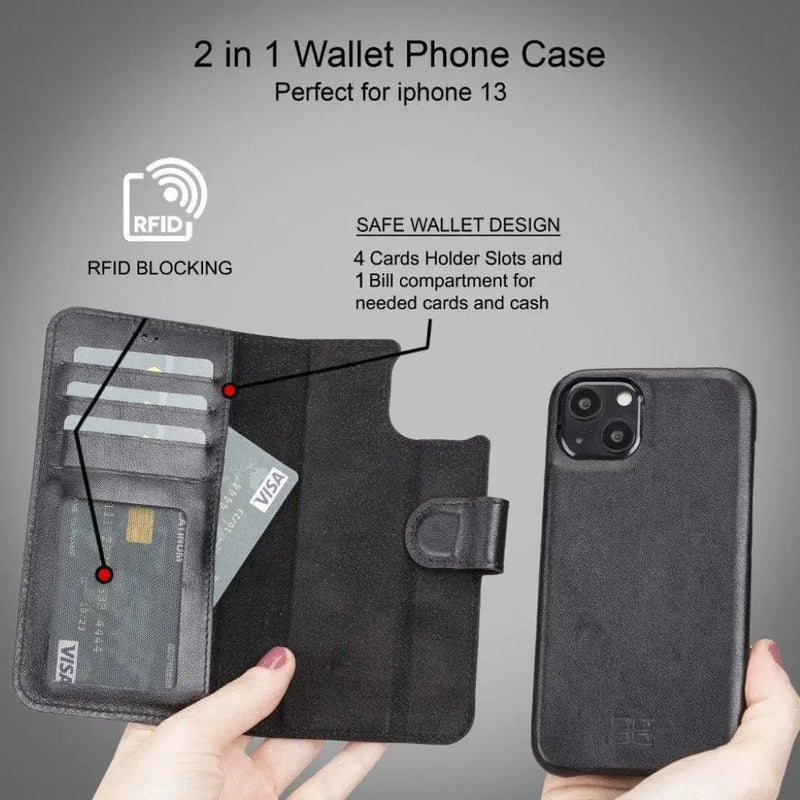 Full Leather Coating Detachable Wallet Case for Apple iPhone 13 Series - Puck's