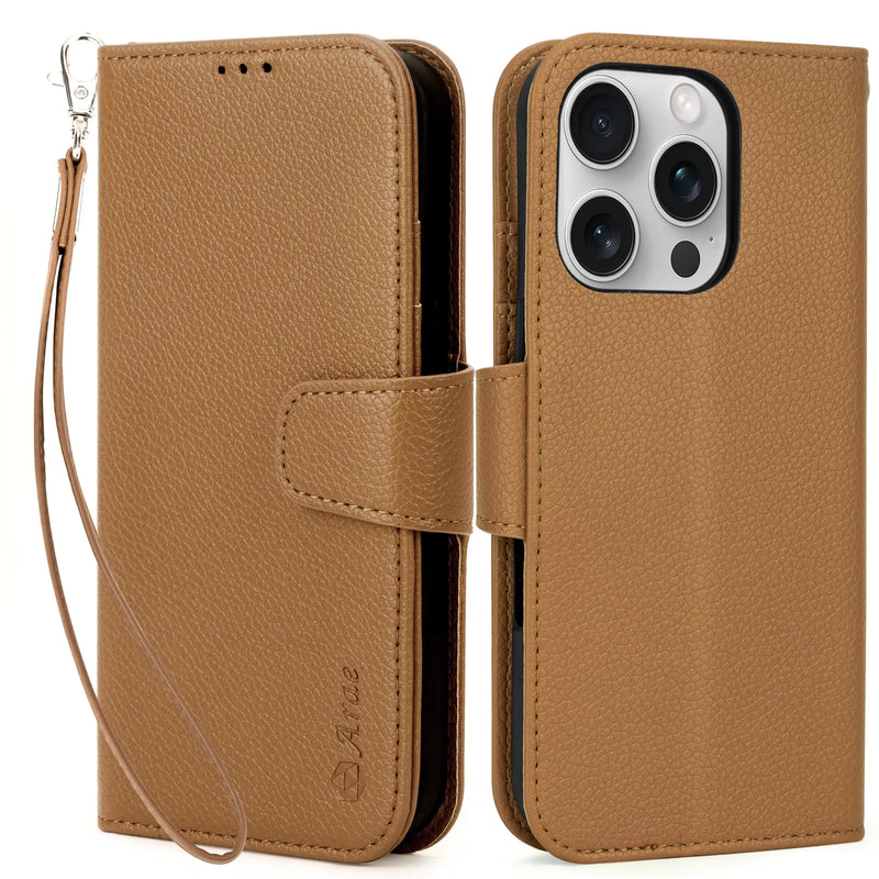 Arae Compatible with iPhone 16 Pro Case Wallet with Card Holder, Wristlet Strap Wallet Flip Cover for iPhone 16 Pro 6.3 inch Men/Women, RFID Blocking, Kickstand, Litchi Cyan - Puck's