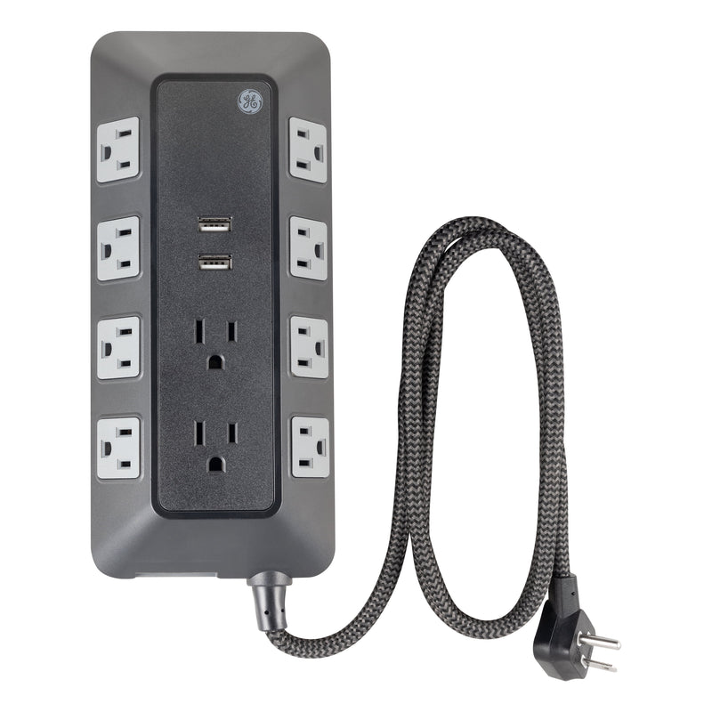 Adapt 10-Outlet Sur Protector Power Strip, USB Hub, 4Ft Braided Cord, Black