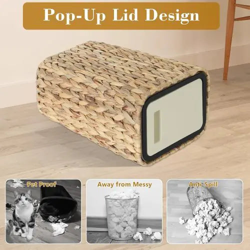 2-in-1 Wicker Bin With Pressed Top Cover, Woven Waste Paper Basket And Basket For Bathroom, Kitchen, Living Room, Bedroom Unavailable Platforms- Welfel - Puck's