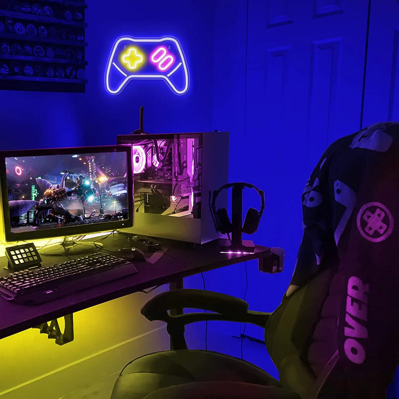 Game Controller Neon Signs – Gamepad/Game Remote Neon Sign for Video/Pc Gamer, Teen Boys' Gift - Game Zone LED Signs for Wall, Bedroom, Game Room Decor - Cool Gaming Console Neon Light - Puck's