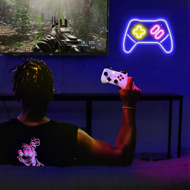 Game Controller Neon Signs – Gamepad/Game Remote Neon Sign for Video/Pc Gamer, Teen Boys' Gift - Game Zone LED Signs for Wall, Bedroom, Game Room Decor - Cool Gaming Console Neon Light - Puck's