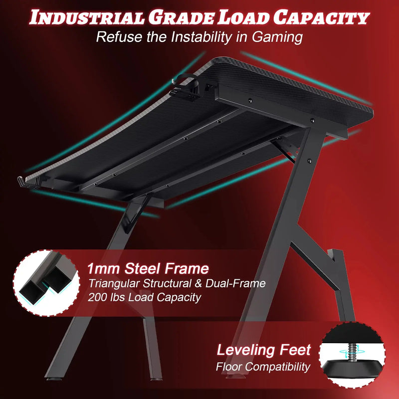 Gaming Carbon Fibre and Ergonomic Rectangular Desk with Headphone Hook, Cupholder and Double-Side Cable Grommets, Black - Puck's