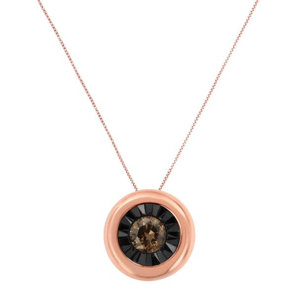 Black Rhodium over 10K Rose Gold 1/10 Carat Diamond Two Tone Round Miracle-Plate Solitaire 18” Pendant Necklace (Champagne Color, I2-I3 Clarity) - Puck's