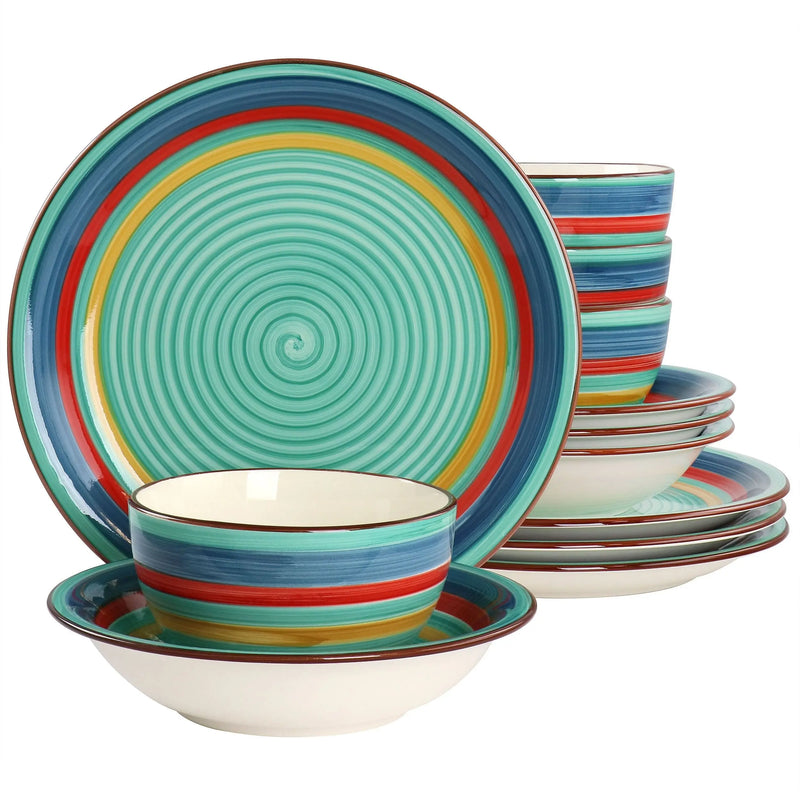 Gibson Home Rainbow 12 Piece Stoneware Dinnerware Set in Green Multi - Puck's