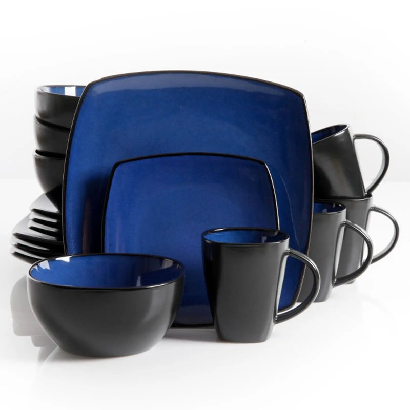 Gibson Soho Lounge 16 Piece Square Stoneware Dinnerware Set in Blue - Puck's