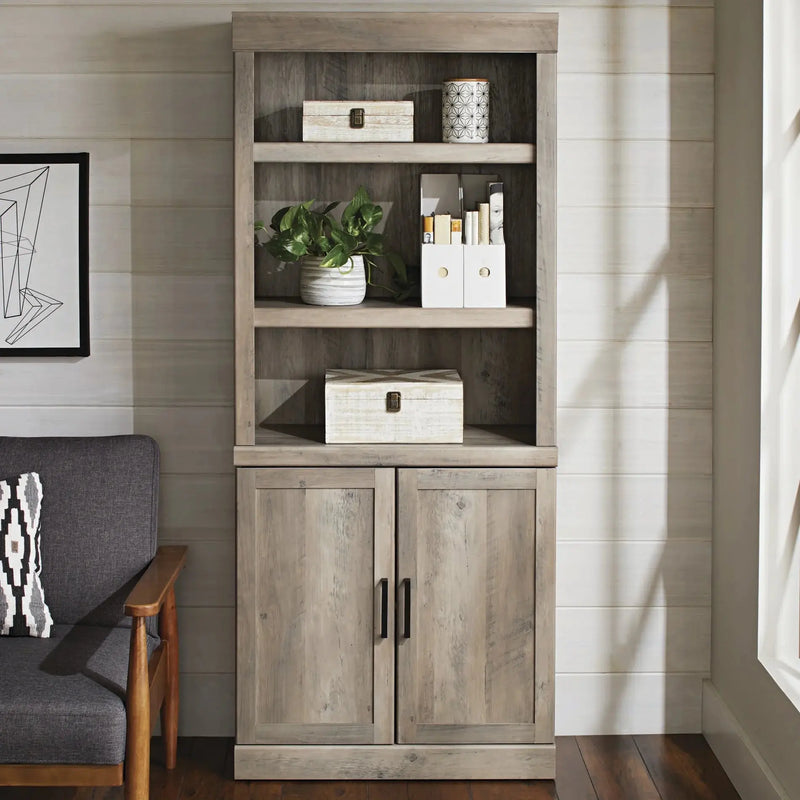 Glendale 5 Shelf Bookcase with Doors, Rustic Gray Finish - Puck's