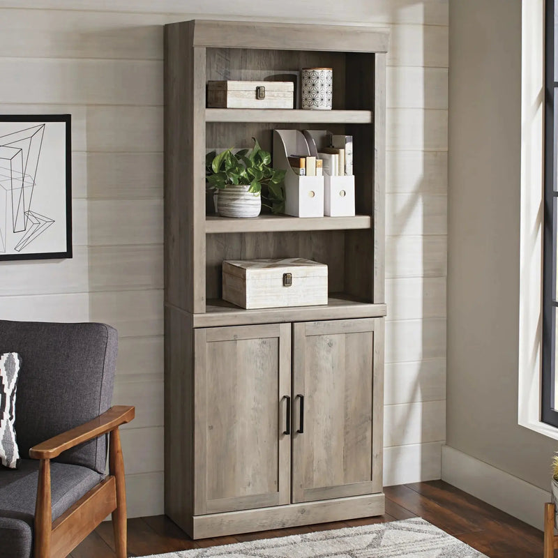Glendale 5 Shelf Bookcase with Doors, Rustic Gray Finish - Puck's