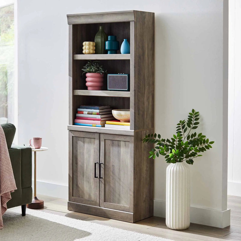 Glendale 5 Shelf Bookcase with Doors, Rustic Gray Finish - Puck's