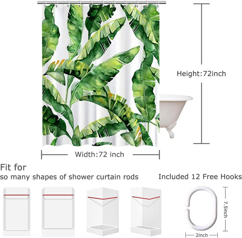 Green Shower Curtain, Tropical Shower Curtain, Plant Shower Curtain, Leaf Shower Curtain, Botanical Shower Curtain, Jungle Shower Curtain Set with 12 Hooks, Bathroom Decor, 72X72 Inches - Puck's