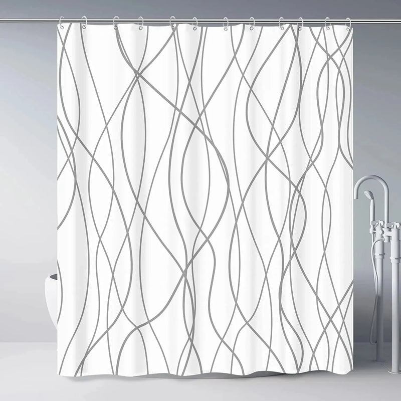 Grey and White Striped Fabric Shower Curtain for Bathroom with 12 Hooks, Shower Curtains for Bathroom 72 Inches Long, Waterproof Bath Accessories Hotel Style - Machine Washable - Puck's