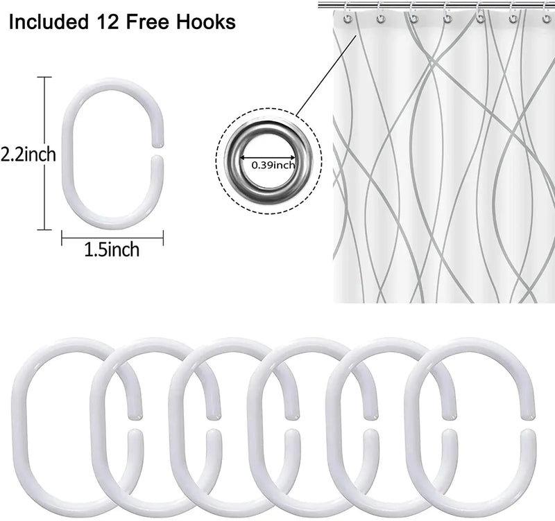Grey and White Striped Fabric Shower Curtain for Bathroom with 12 Hooks, Shower Curtains for Bathroom 72 Inches Long, Waterproof Bath Accessories Hotel Style - Machine Washable - Puck's