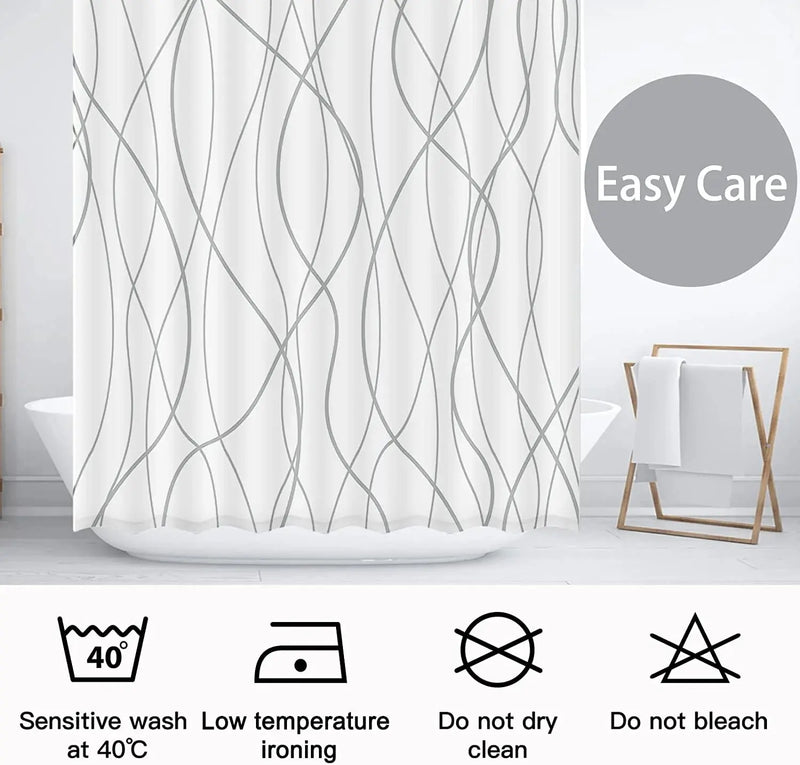 Grey and White Striped Fabric Shower Curtain for Bathroom with 12 Hooks, Shower Curtains for Bathroom 72 Inches Long, Waterproof Bath Accessories Hotel Style - Machine Washable - Puck's