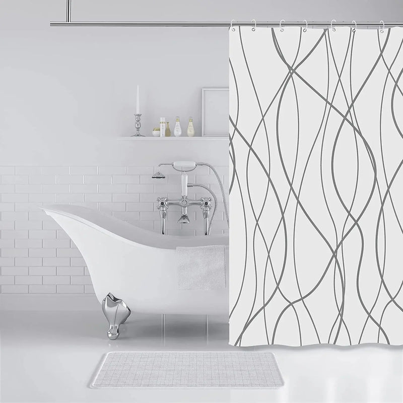 Grey and White Striped Fabric Shower Curtain for Bathroom with 12 Hooks, Shower Curtains for Bathroom 72 Inches Long, Waterproof Bath Accessories Hotel Style - Machine Washable - Puck's