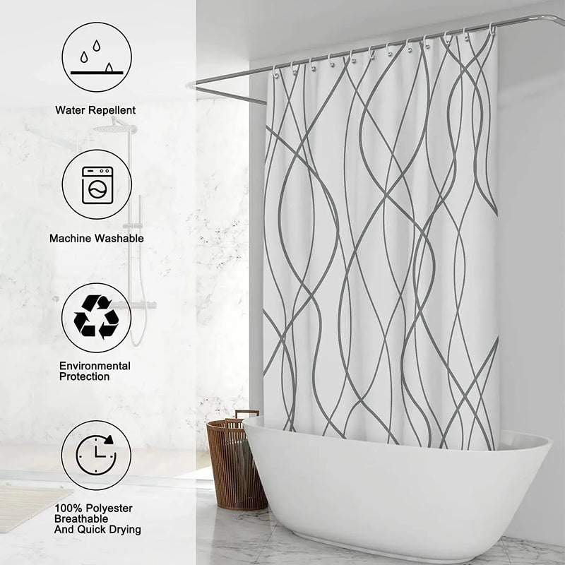 Grey and White Striped Fabric Shower Curtain for Bathroom with 12 Hooks, Shower Curtains for Bathroom 72 Inches Long, Waterproof Bath Accessories Hotel Style - Machine Washable - Puck's