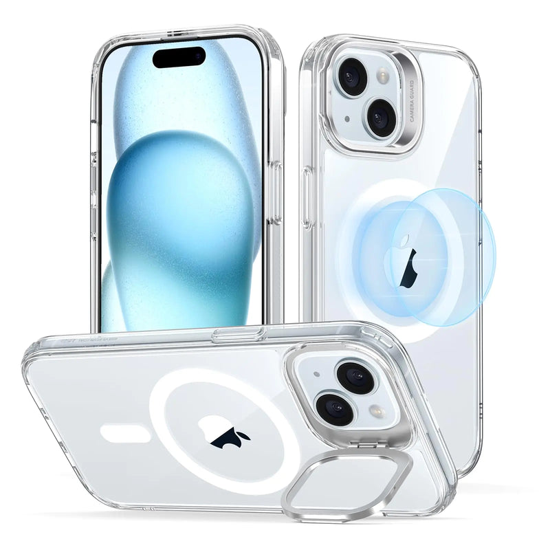 ESR for iPhone 15 Plus Case, Compatible with MagSafe, Military-Grade Protective Case, Built-in Stash Stand Phone Case, Scratch-Resistant Back Cover, Classic Series, Clear - Puck's