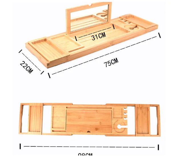 Wooden Bathroom Tray Stretchable Reading Rack Tablet Computer Stand Storage Box - Puck's