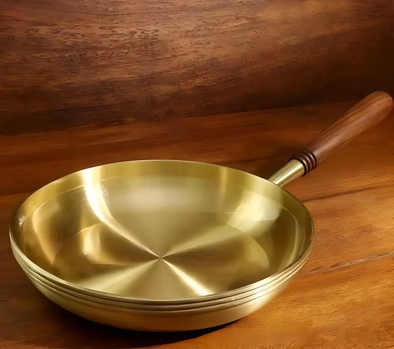 Handcrafted Brass Frying Pan with Wooden Handle For Cooking  Size 39 - Puck's