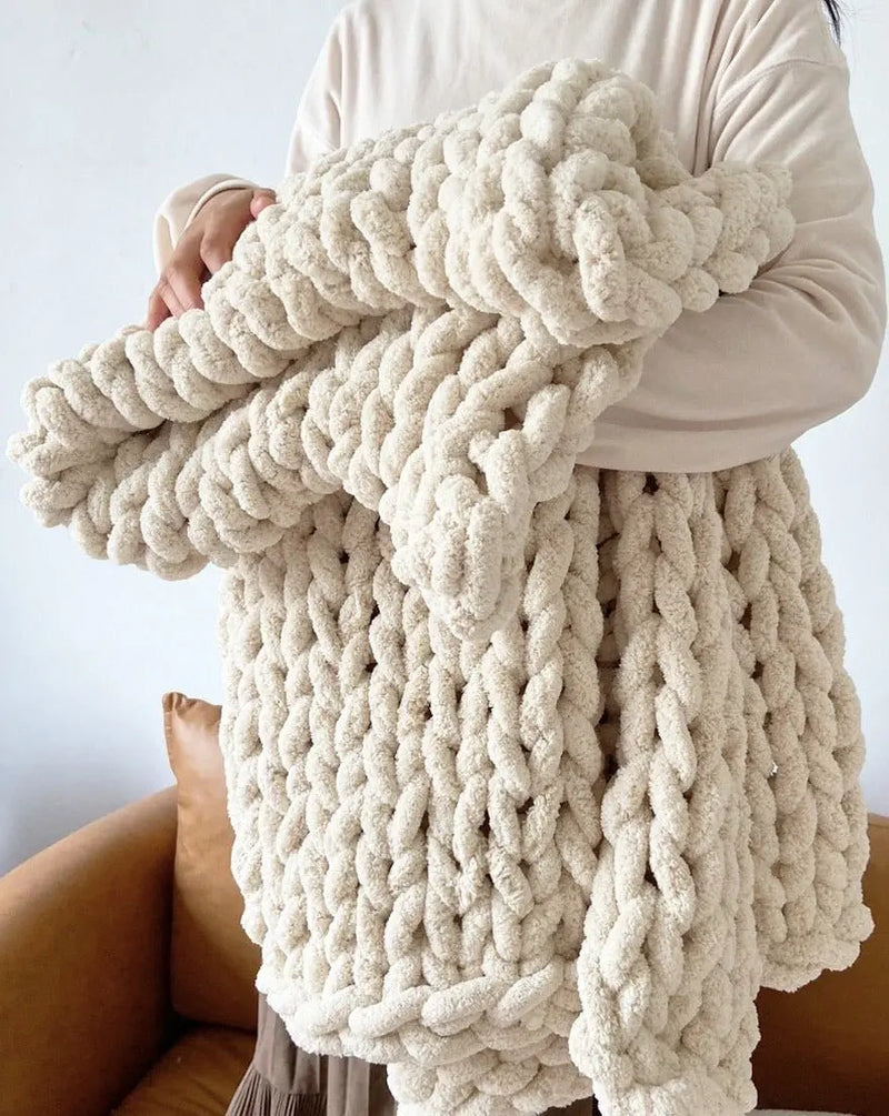 Handmade Beige Chunky Fluffy Knit Throw Blanket - Cozy and Soft - Puck's