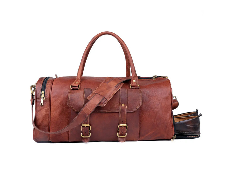 Handmade Genuine Leather Travel Duffel Bag with Shoe Compartment - Puck's