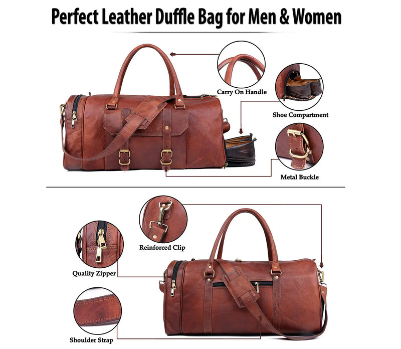 Handmade Genuine Leather Travel Duffel Bag with Shoe Compartment - Puck's