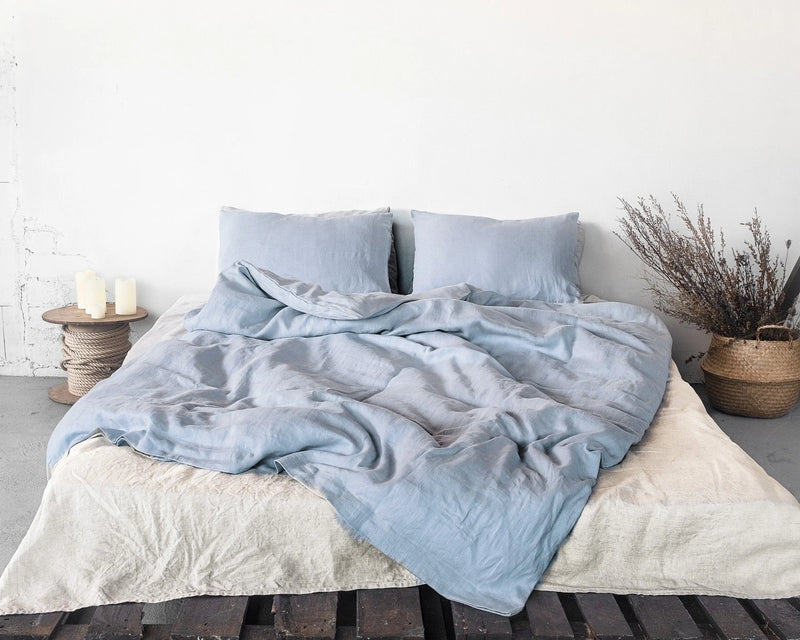 Ice Blue linen bedding set with zipper - Puck's