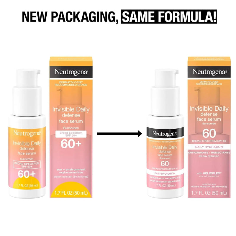 Invisible Daily Defense Face Sunscreen + Hydrating Serum with Broad Spectrum SPF 60 & Antioxidants to Help Skin Glow, Oil-Free, Fragrance Free, 1.7 Fl. Oz - Puck's
