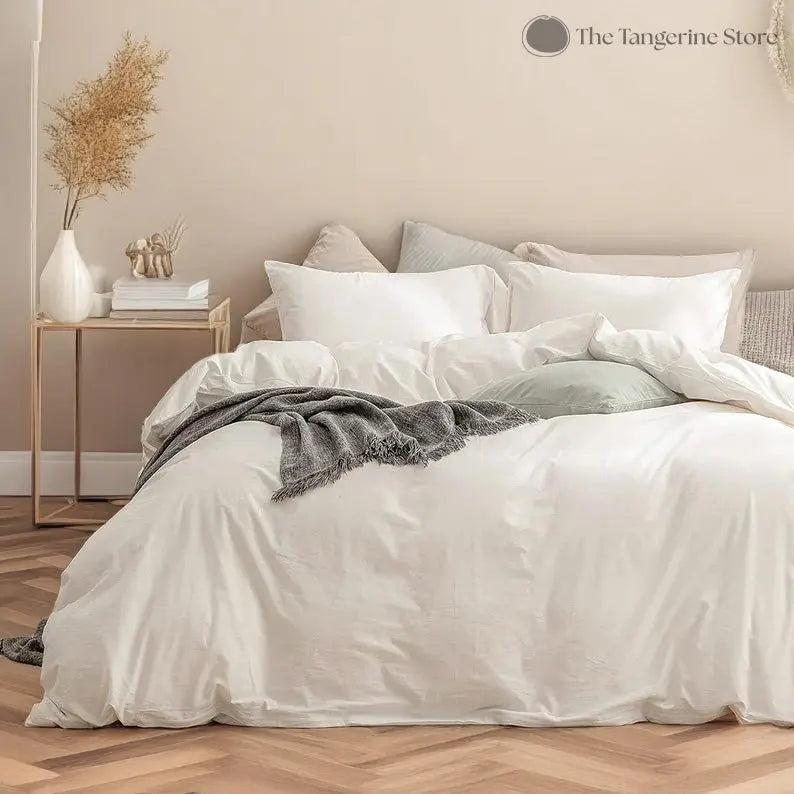 Ivory White - 100% Cotton 3 Piece Duvet Cover Set | 4 Piece Sheet Set - Puck's