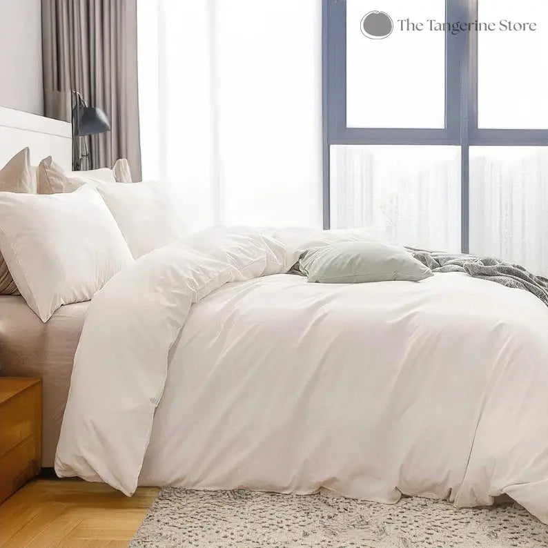 Ivory White - 100% Cotton 3 Piece Duvet Cover Set | 4 Piece Sheet Set - Puck's