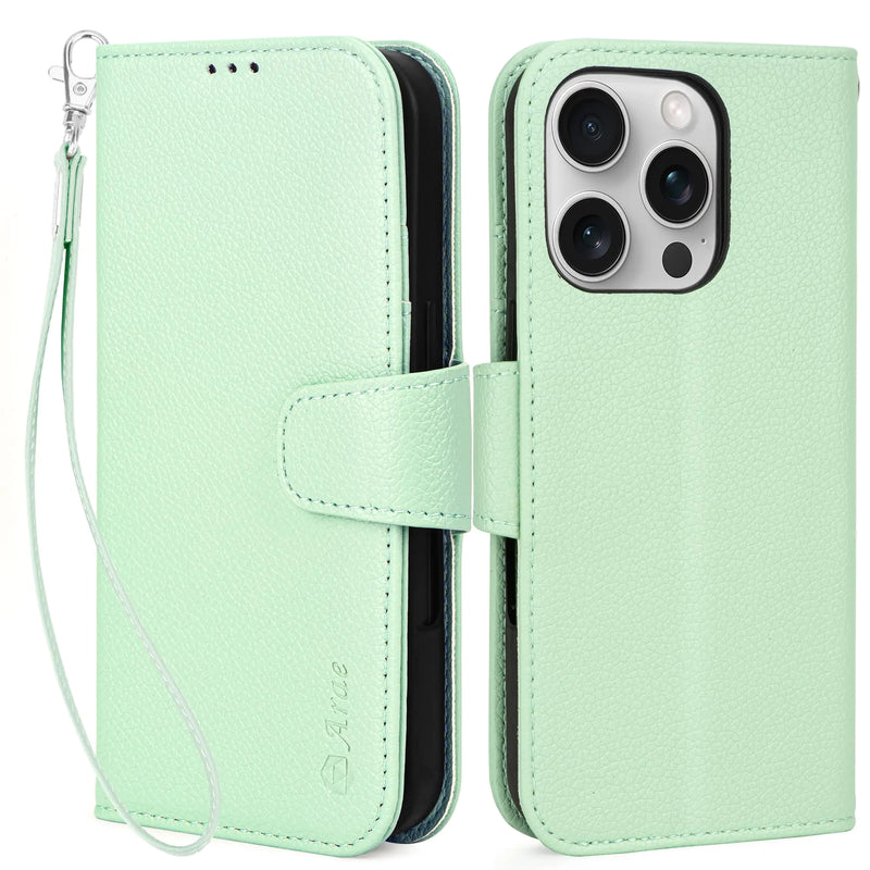 Arae Compatible with iPhone 16 Pro Case Wallet with Card Holder, Wristlet Strap Wallet Flip Cover for iPhone 16 Pro 6.3 inch Men/Women, RFID Blocking, Kickstand, Litchi Cyan - Puck's