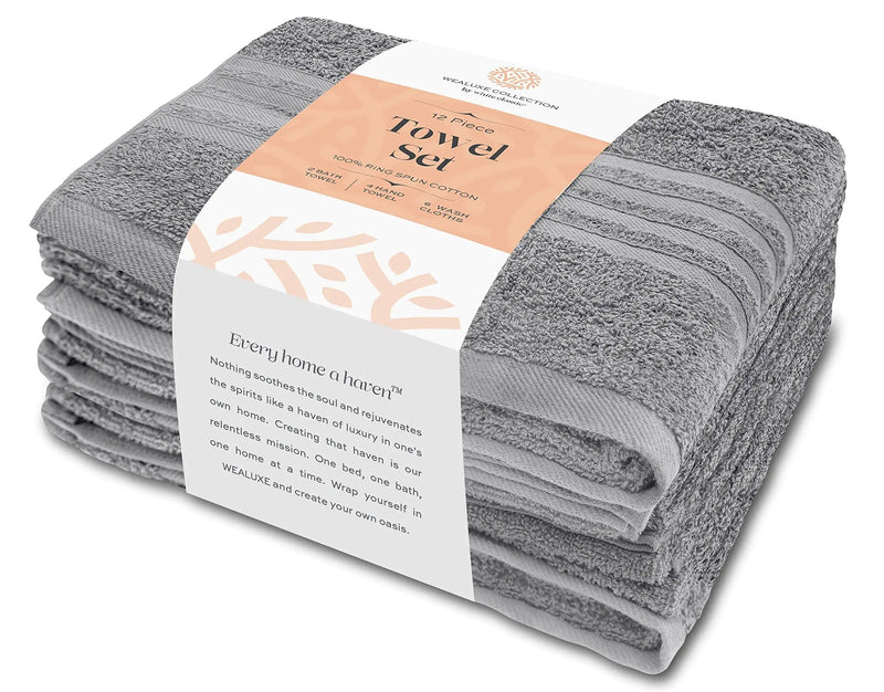12 Pcs Bath Towel Set for Bathroom Wealuxe Collection 100% Cotton Light Gray - Puck's