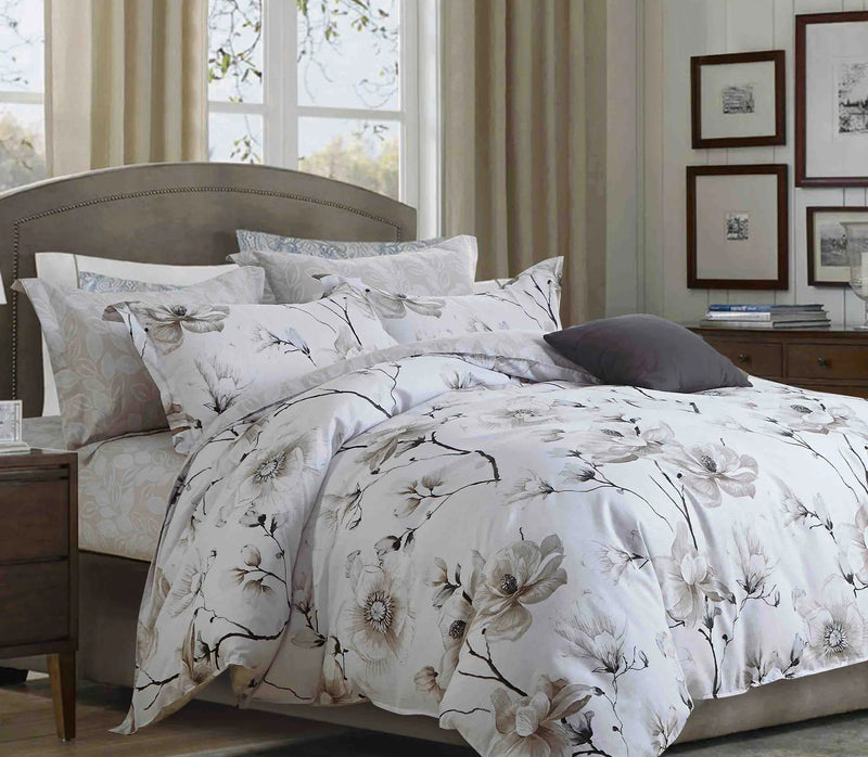 Juan Brown and White Floral 100% Cotton Comforter Set - Puck's