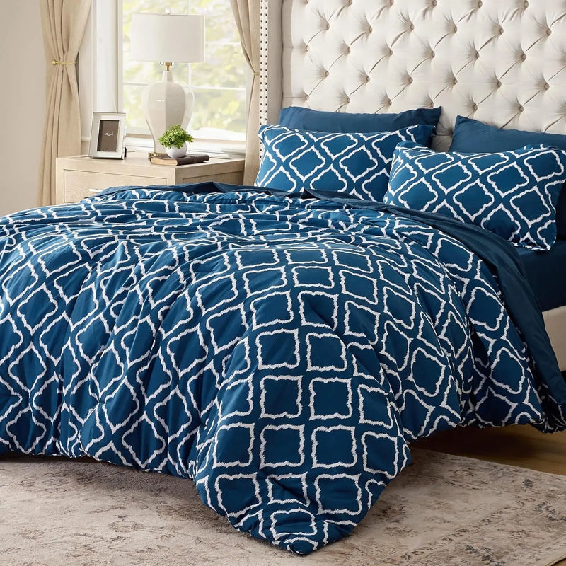 King Comforter Set 7 Pieces - Navy Blue Quatrefoil Comforters King Size, Lightweight Bedding Sets for All Season, Bed in a Bag with Comforters, Sheets, Pillowcases & Shams - Puck's