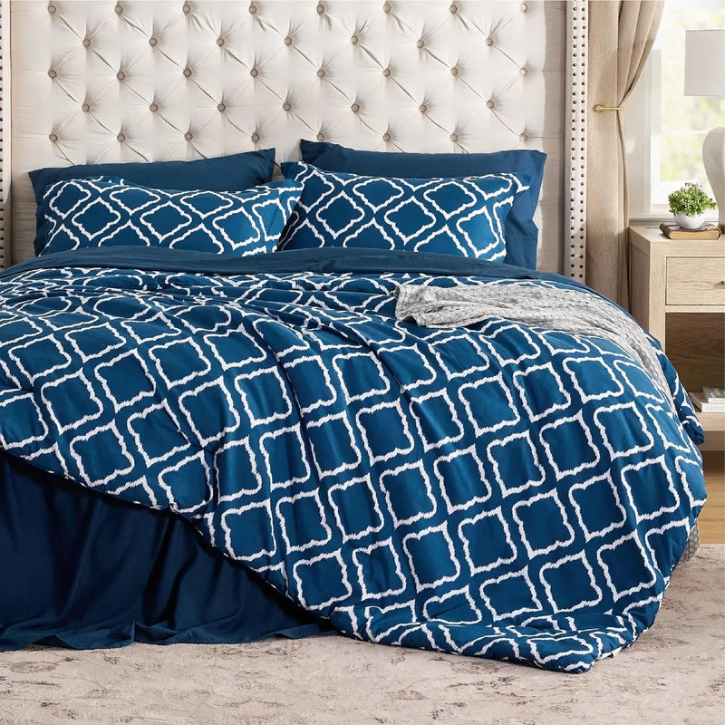 King Comforter Set 7 Pieces - Navy Blue Quatrefoil Comforters King Size, Lightweight Bedding Sets for All Season, Bed in a Bag with Comforters, Sheets, Pillowcases & Shams - Puck's