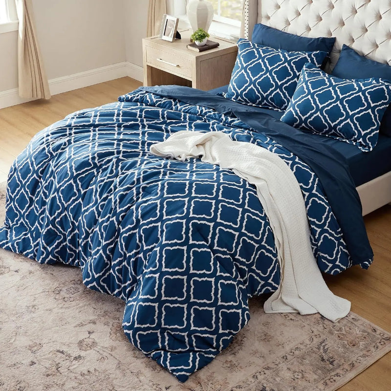 King Comforter Set 7 Pieces - Navy Blue Quatrefoil Comforters King Size, Lightweight Bedding Sets for All Season, Bed in a Bag with Comforters, Sheets, Pillowcases & Shams - Puck's