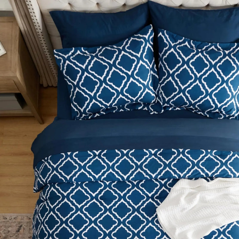 King Comforter Set 7 Pieces - Navy Blue Quatrefoil Comforters King Size, Lightweight Bedding Sets for All Season, Bed in a Bag with Comforters, Sheets, Pillowcases & Shams - Puck's