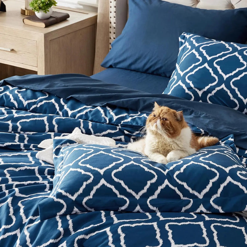 King Comforter Set 7 Pieces - Navy Blue Quatrefoil Comforters King Size, Lightweight Bedding Sets for All Season, Bed in a Bag with Comforters, Sheets, Pillowcases & Shams - Puck's