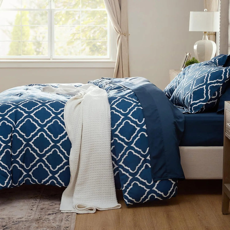 King Comforter Set 7 Pieces - Navy Blue Quatrefoil Comforters King Size, Lightweight Bedding Sets for All Season, Bed in a Bag with Comforters, Sheets, Pillowcases & Shams - Puck's