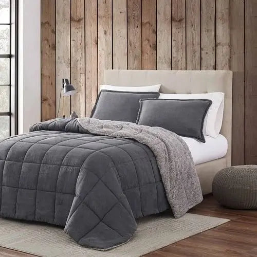 King Plush Sherpa Reversible Micro Suede Comforter Set in Gray - Puck's