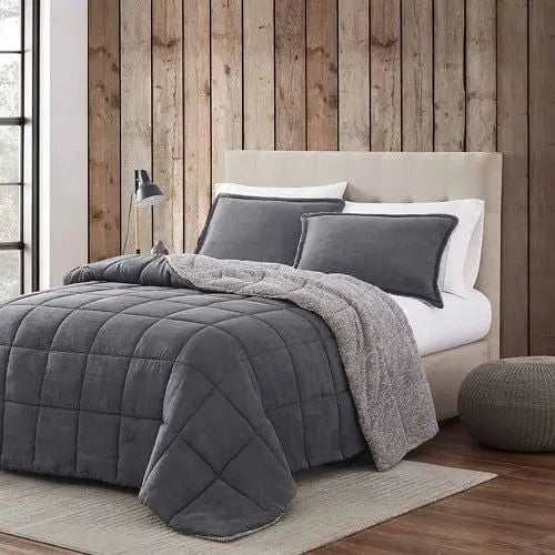 King Plush Sherpa Reversible Micro Suede Comforter Set in Gray - Puck's