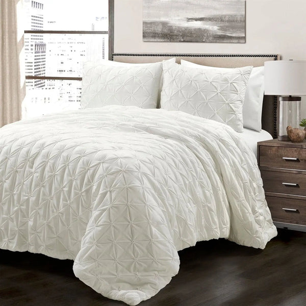 King Size Soft Pleated Cotton 3 Piece Comforter Set White - Puck's