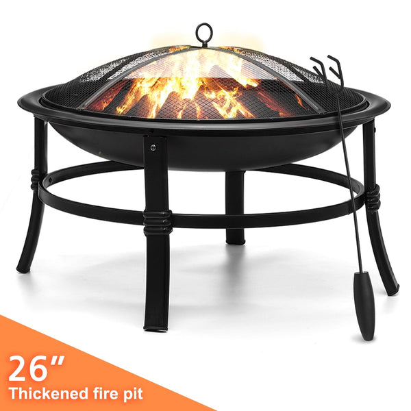 26 Inch Fire Pit for Outdoor round Wood Burning Fire Pit Bowl for Camping Picnic Bonfire Patio outside Backyard Garden Small Bonfire Pit Steel Firepit Bowl with Mesh Screen and Fire Poker - Puck's