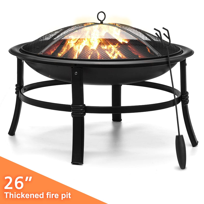 26 Inch Fire Pit for Outdoor round Wood Burning Fire Pit Bowl for Camping Picnic Bonfire Patio outside Backyard Garden Small Bonfire Pit Steel Firepit Bowl with Mesh Screen and Fire Poker - Puck's