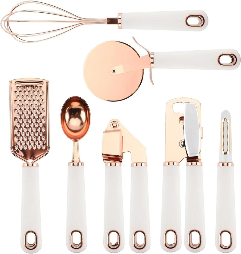 Kitchen Gadget Set Stainless Steel Utensils with Soft Touch Handles, Copper White, 7 Pieces - Puck's
