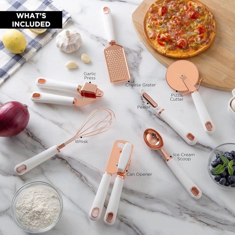 Kitchen Gadget Set Stainless Steel Utensils with Soft Touch Handles, Copper White, 7 Pieces - Puck's