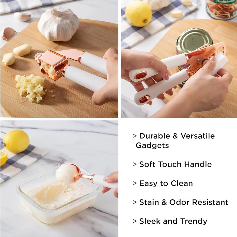 Kitchen Gadget Set Stainless Steel Utensils with Soft Touch Handles, Copper White, 7 Pieces - Puck's