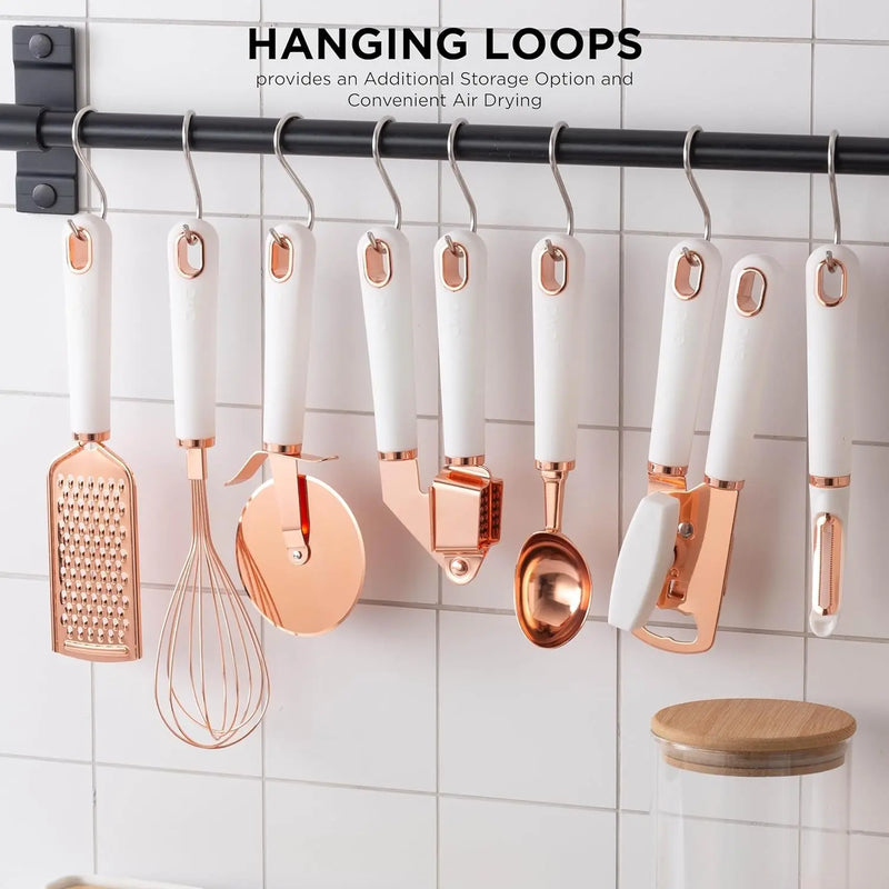 Kitchen Gadget Set Stainless Steel Utensils with Soft Touch Handles, Copper White, 7 Pieces - Puck's