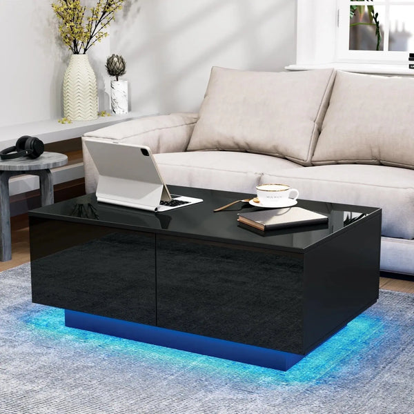 LED Coffee Table with 4 Drawers Modern Center Cocktail End Side Table Black High Gloss Finish for Living Room - Puck's