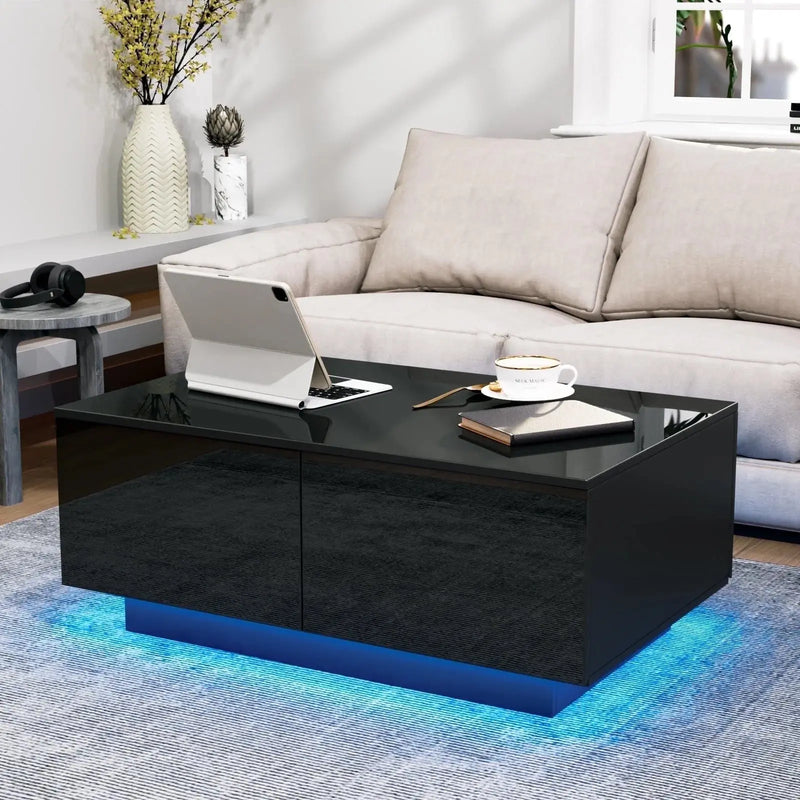 LED Coffee Table with 4 Drawers Modern Center Cocktail End Side Table Black High Gloss Finish for Living Room - Puck's
