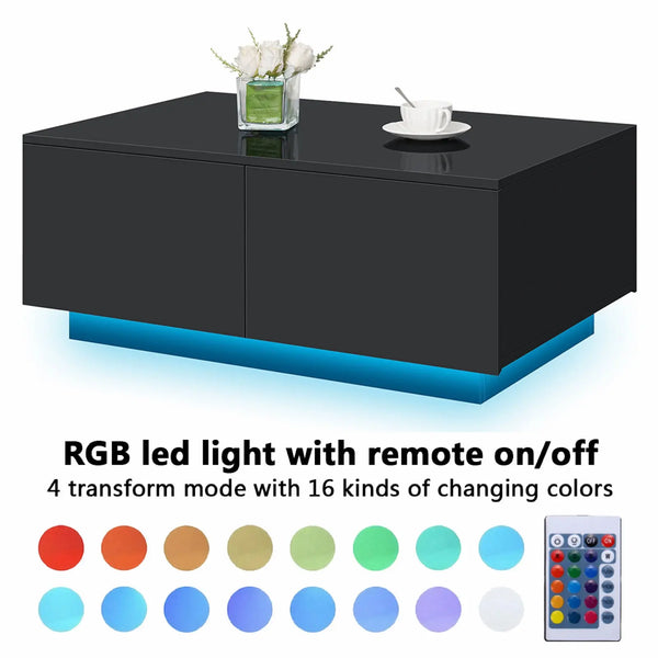 LED Coffee Table with 4 Drawers Modern Center Cocktail End Side Table Black High Gloss Finish for Living Room - Puck's